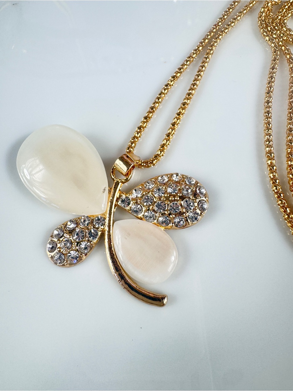 Mother Of Pearl Butterfly Crystal Four-Petal Pendant Necklace